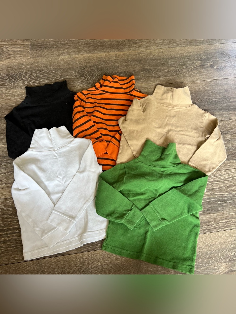 Five-Turtleneck Baby/Toddler Tops in Black, White, Orange Stripe, Tan, and Green
